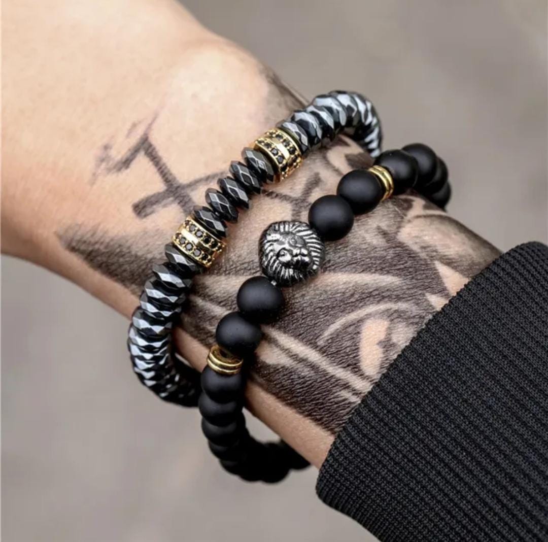 2pcs/set Men Bracelet Lion Charms Natural Magnetic Hematite Stone