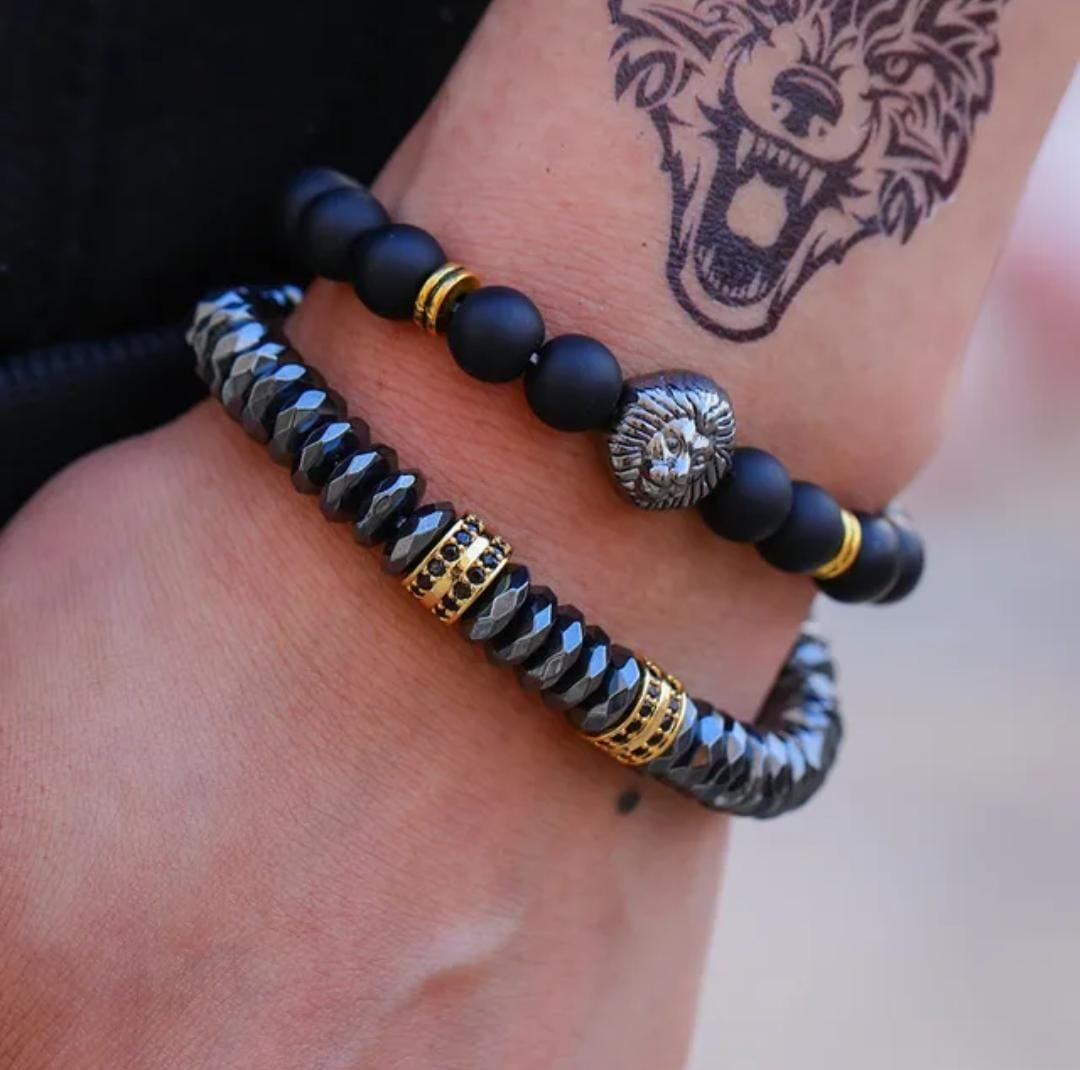 2pcs/set Men Bracelet Lion Charms Natural Magnetic Hematite Stone