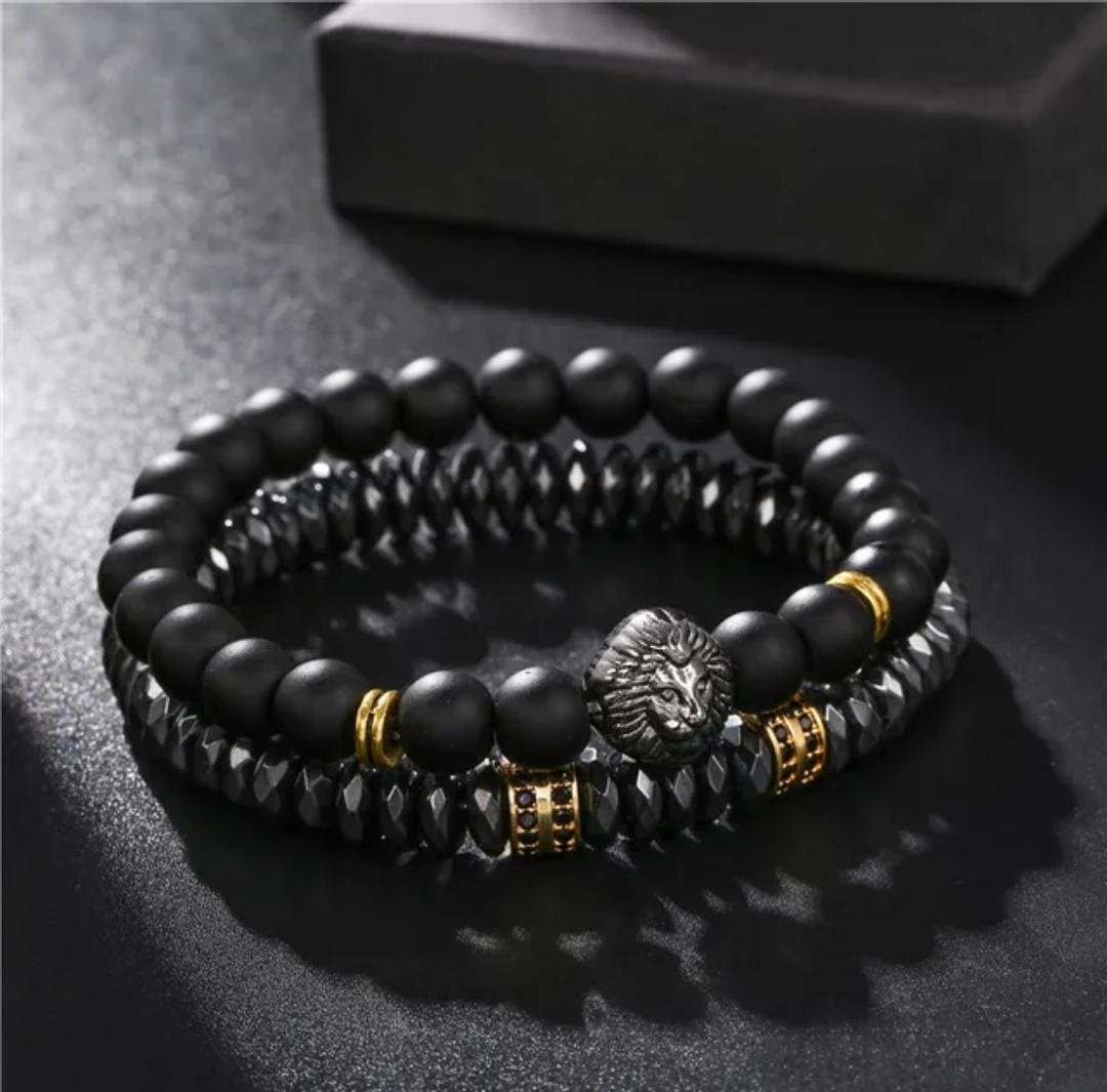 2pcs/set Men Bracelet Lion Charms Natural Magnetic Hematite Stone