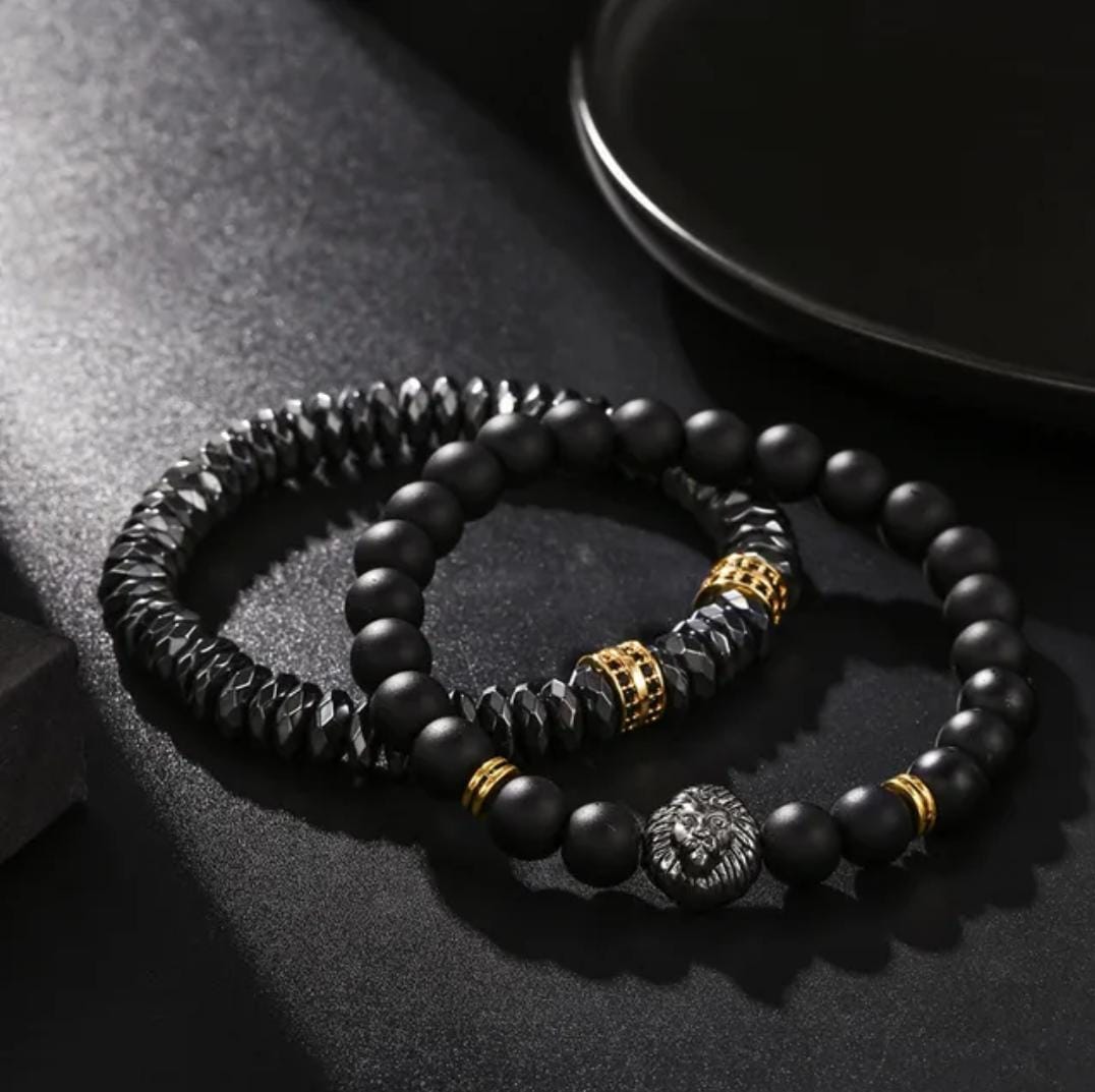 2pcs/set Men Bracelet Lion Charms Natural Magnetic Hematite Stone