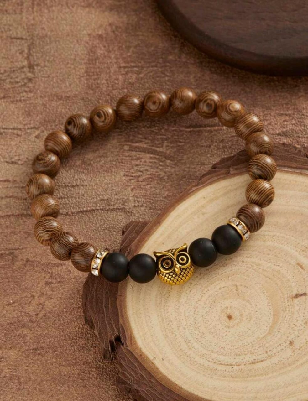 Wooden Bead Owl Design Vintage Style Elastic Adjustable Beaded Bracelet For women and men