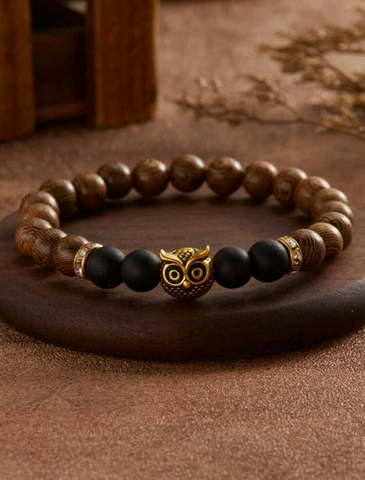 Wooden Bead Owl Design Vintage Style Elastic Adjustable Beaded Bracelet For women and men