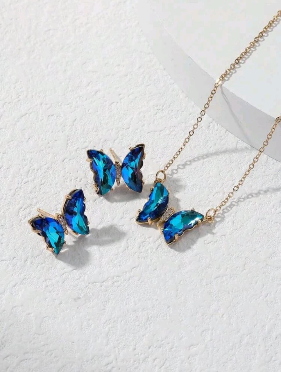 3pcs Gorgeous Copper Glass Butterfly Earrings And Necklace Set For Women