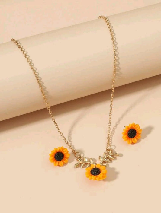 1pair Sunflower Design Earrings & 1pc Necklace