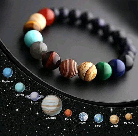 Beaded Elastic Bracelet With Eight Planets Natural Stone