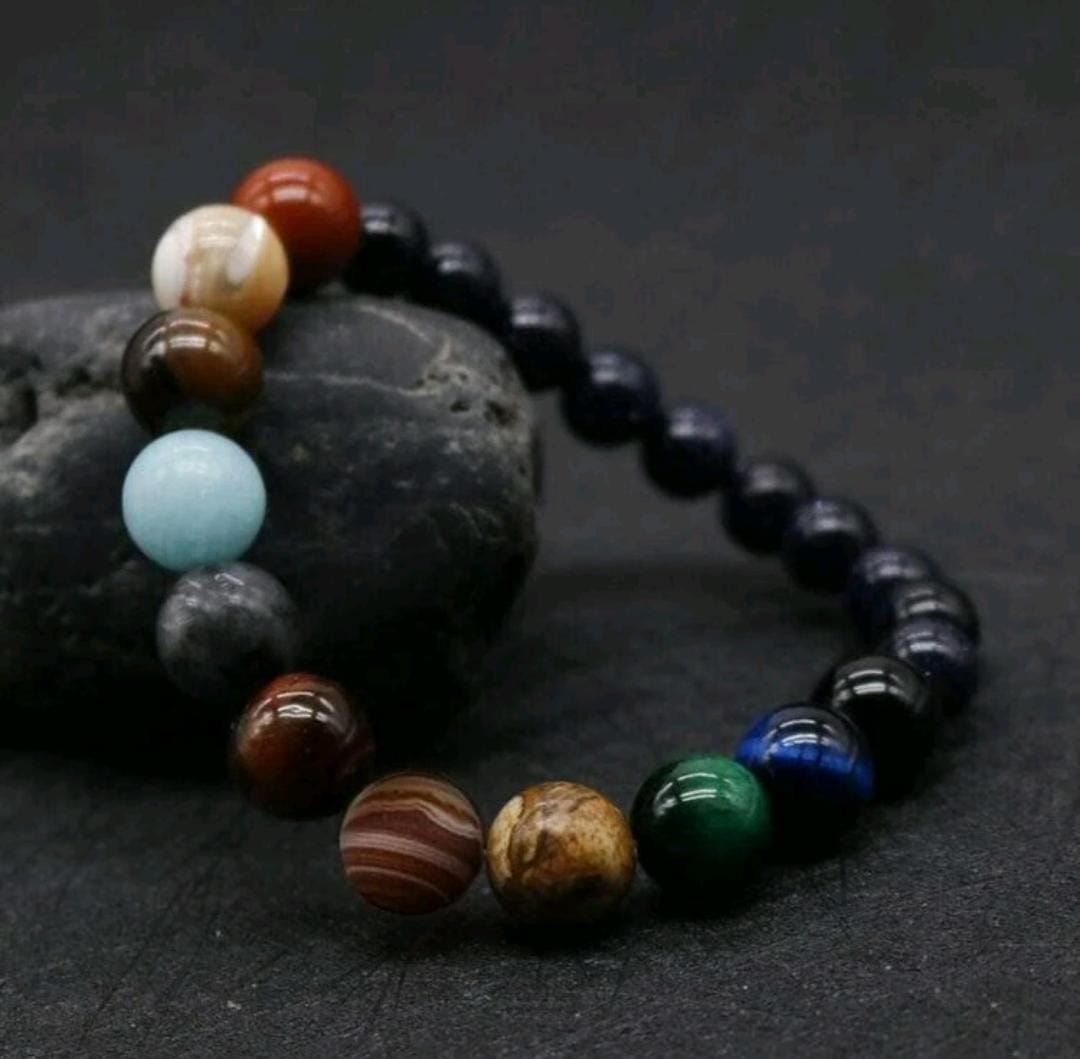 Beaded Elastic Bracelet With Eight Planets Natural Stone